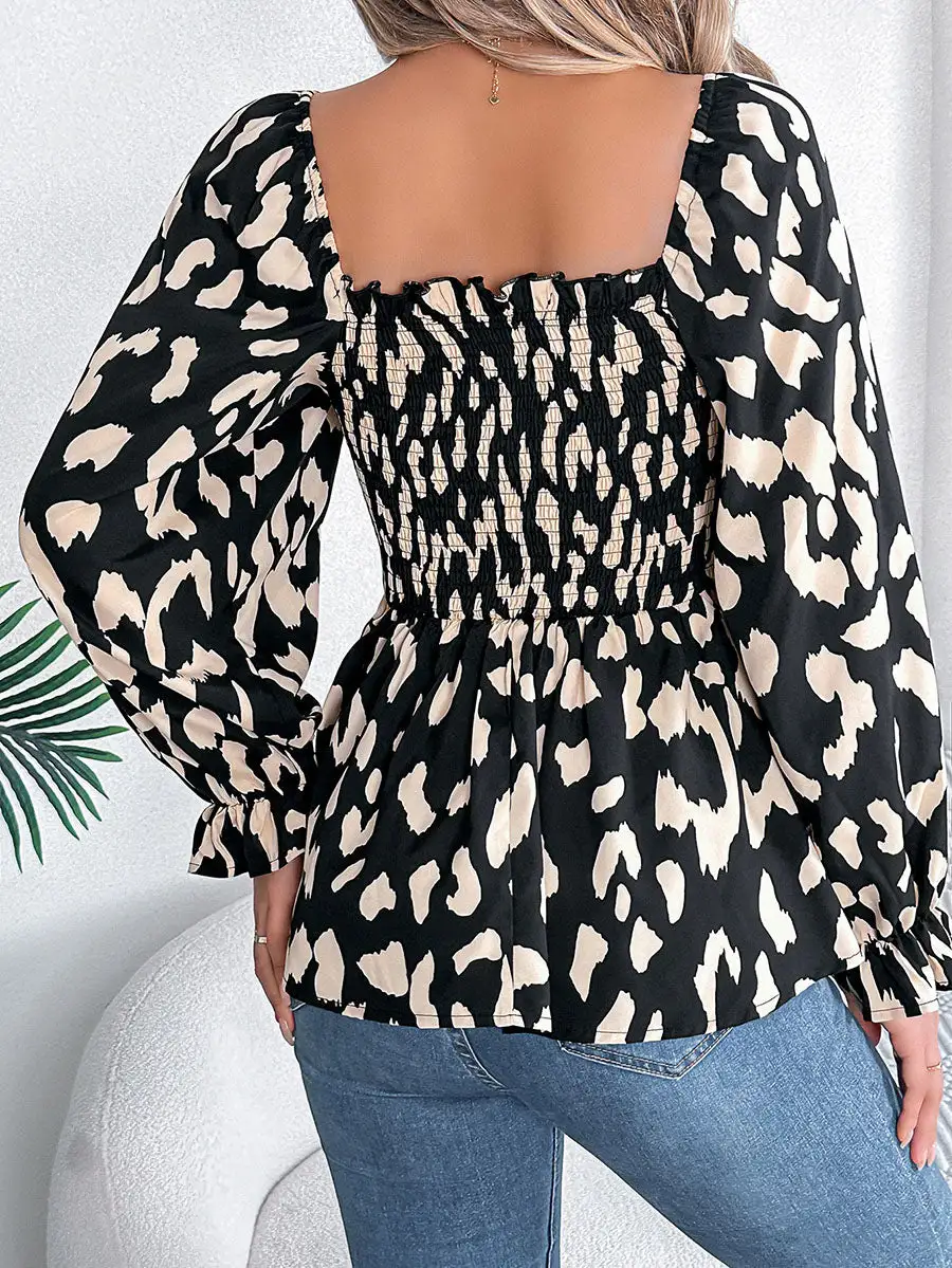 Long Sleeve Puff Sleeve Leopard Pleat Detail Ruffle Square Neck T-Shirt