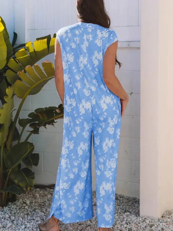 Printed Button Front Wide Leg Jumpsuit