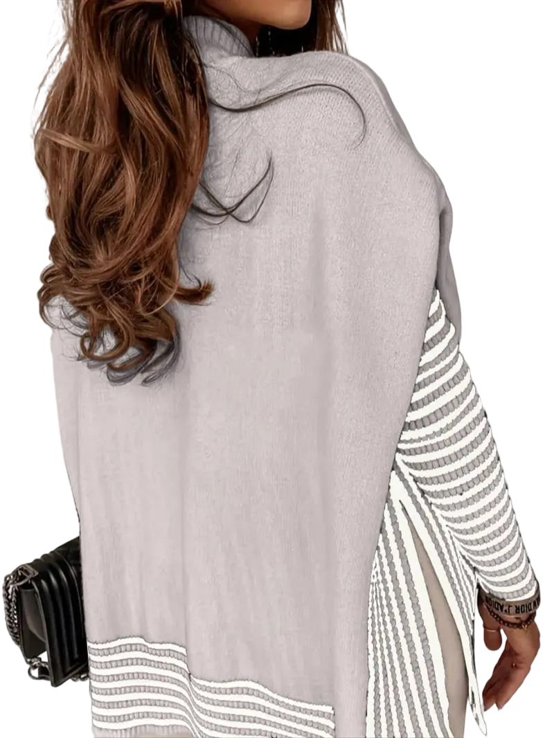 Women's Striped Patchwork Print Batwing Sleeve Split Hem Sweater for Fall & Winter