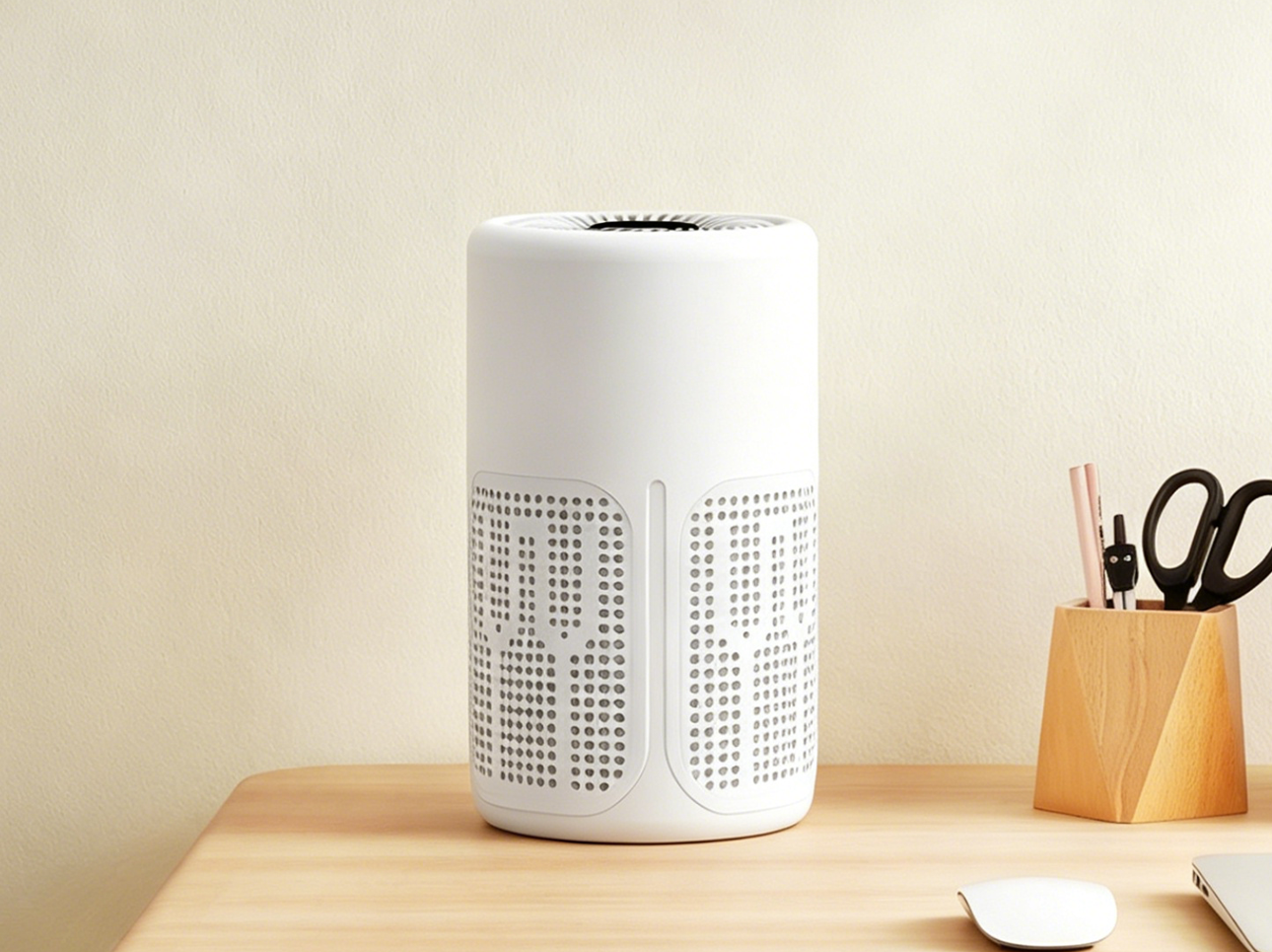 Close view of the compact white tabletop purifier