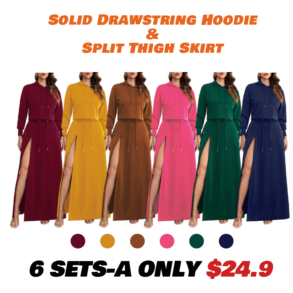 Women'S Solid Drawstring Hoodie & Split Thigh Skirt Set, Long Sleeve Top & Pocket Long Skirt, Casual Fashion Cozy Co-Ord Set, Women Clothes