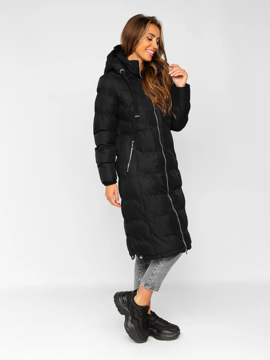 Black women's long quilted winter jacket with hood