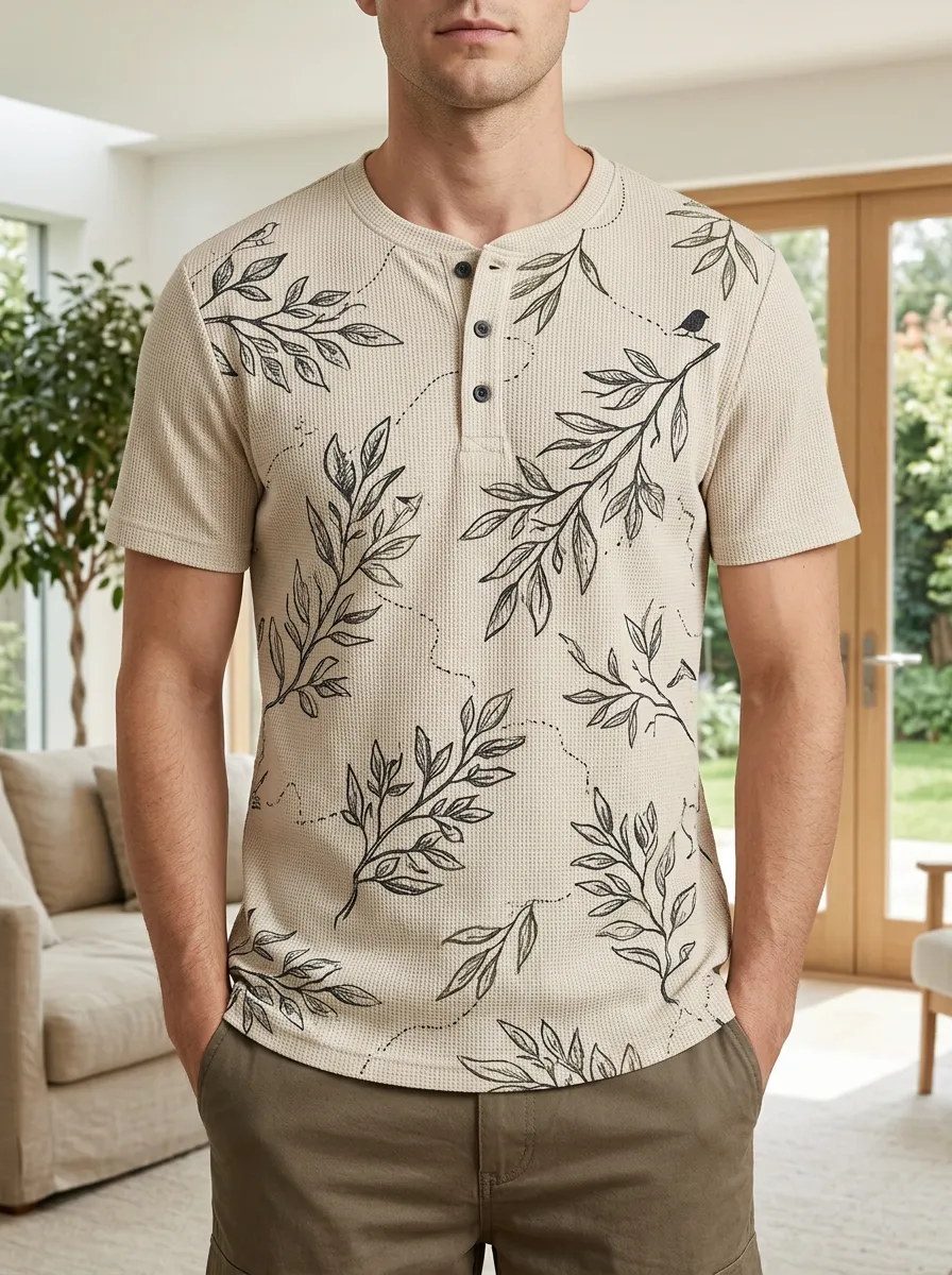 Men's Nature Lover Botanical Leaf Bird Printed Henley T-shirt