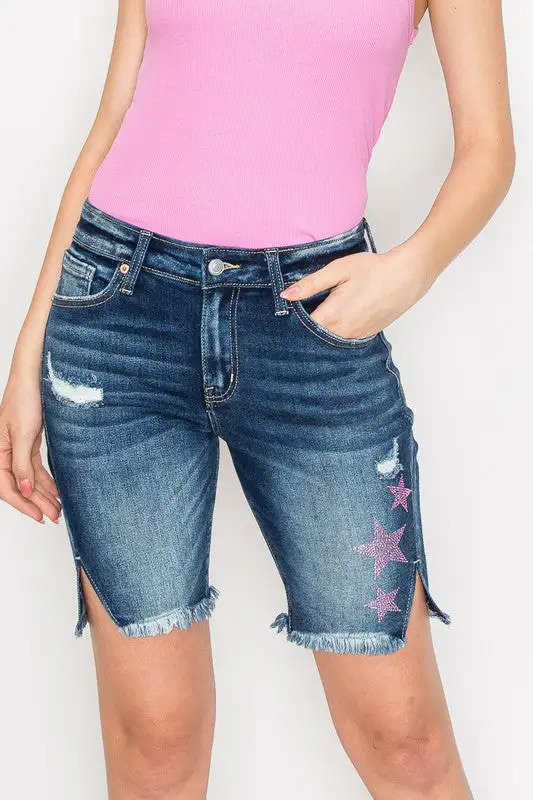 Mid Rise Frayed Hem Embellished Denim Shorts