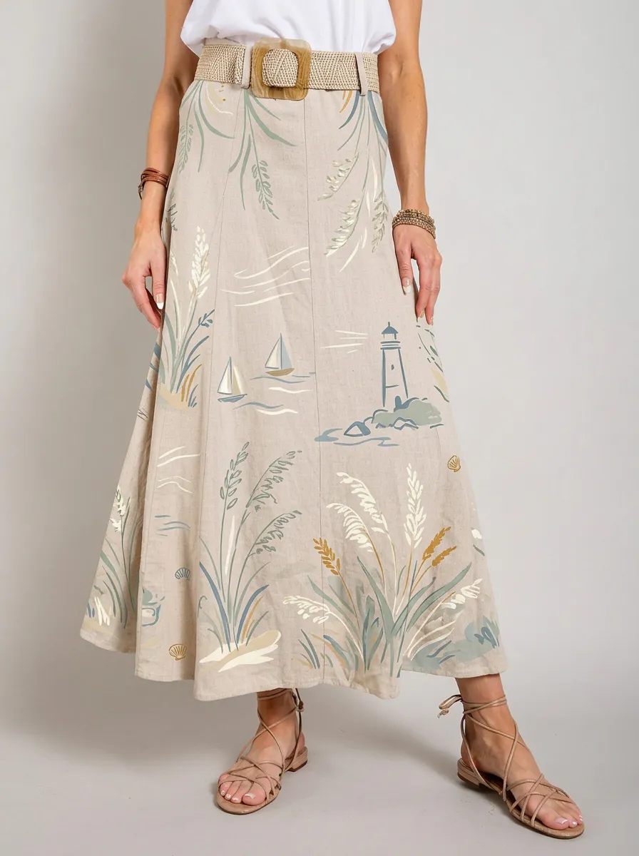Women's Coastal Nautical Lighthouse Sailboat Printed Midi Skirt
