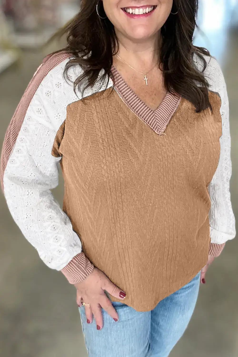 Color Block V Neck Ribbed Relaxed Stretch Fabric Long Sleeve Top