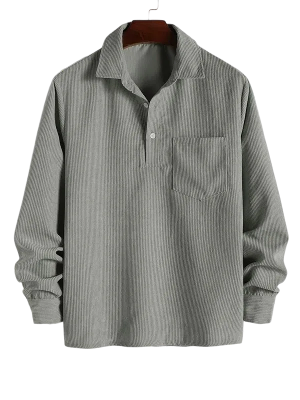 Men's Plain Pocket Half Button Corduroy Shirt, Casual Comfy Regular Fit Long Sleeve Collared Top For Fall & Winter, Men's Clothes For Daily Wear