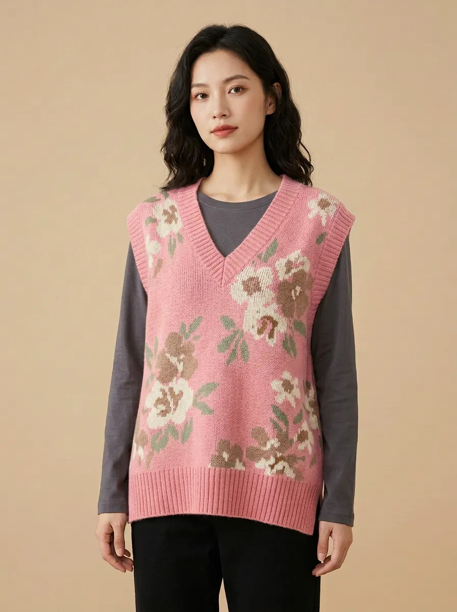 Relaxed Floral Vneck Sweater Vest