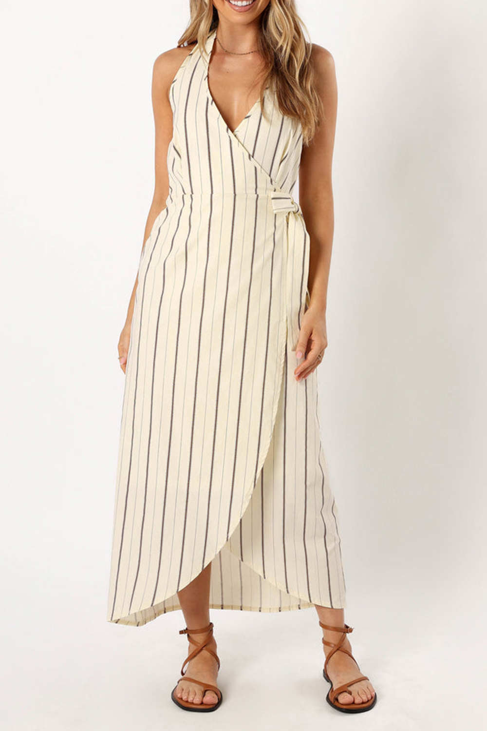 STRIPED PRINT WRAP MIDI  DRESS