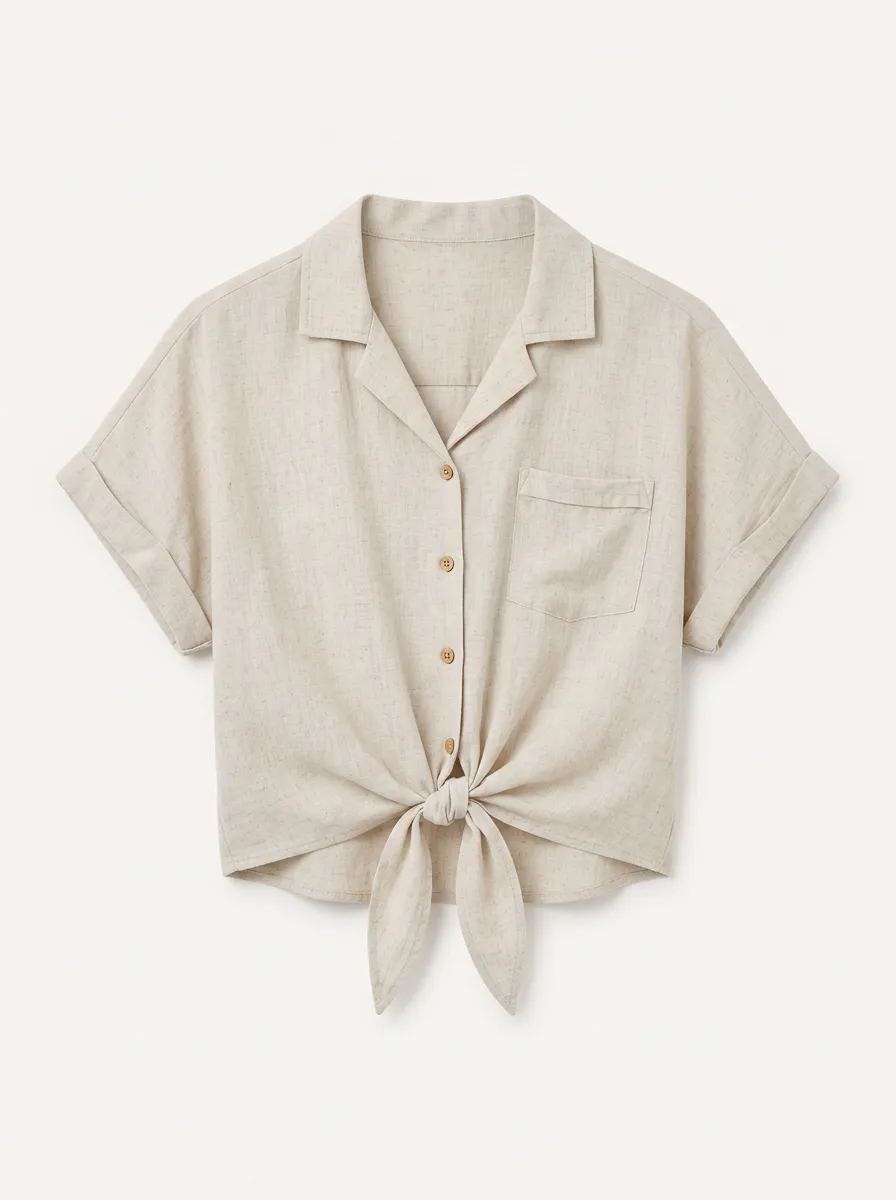 Women's Down Shirt Casual Linen Blend Tie-Front Button