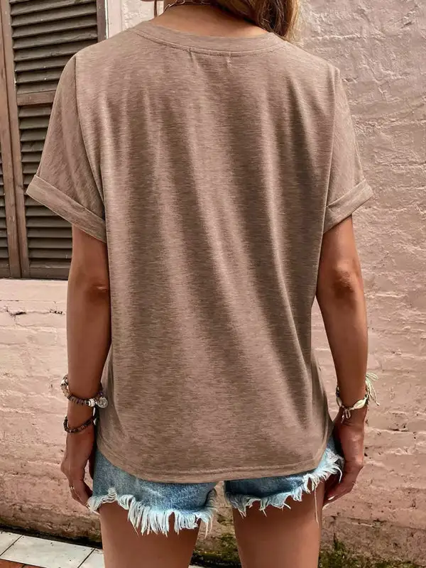 Refined V-Neck Collared Short-Sleeve Button-Detail T-Shirt