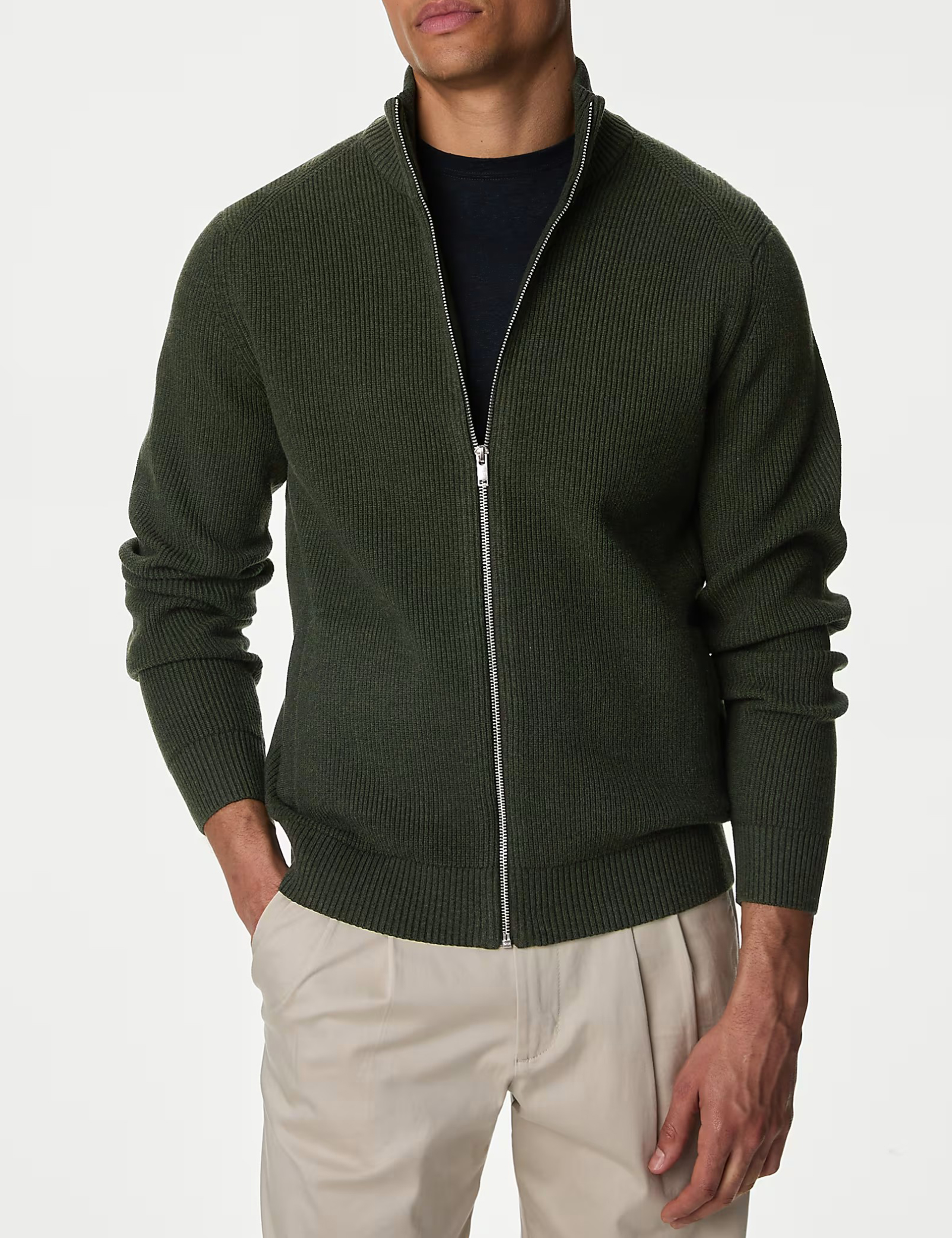 Men's Beige Cotton Blend Funnel Neck Zip Jumper