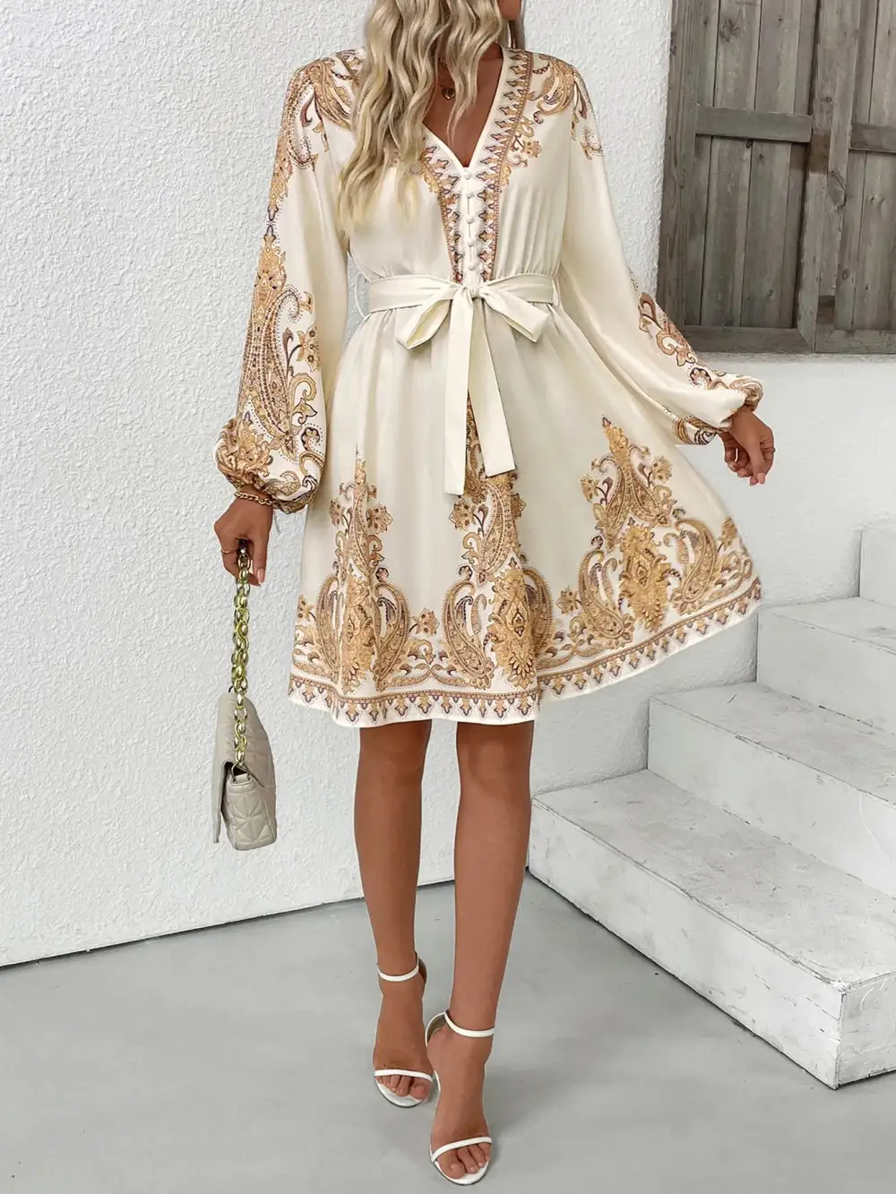 Lightweight Feel Printed Tie Waist Long Sleeve Dress