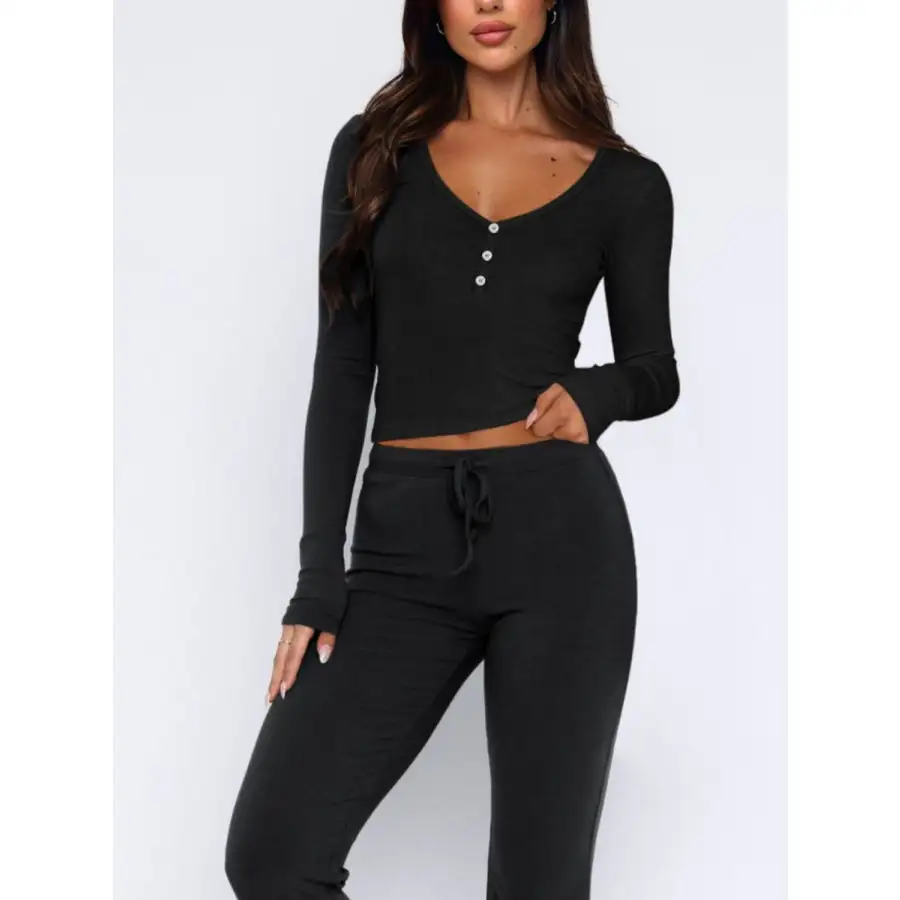 V Neck Long Sleeve Top and Pants Set
