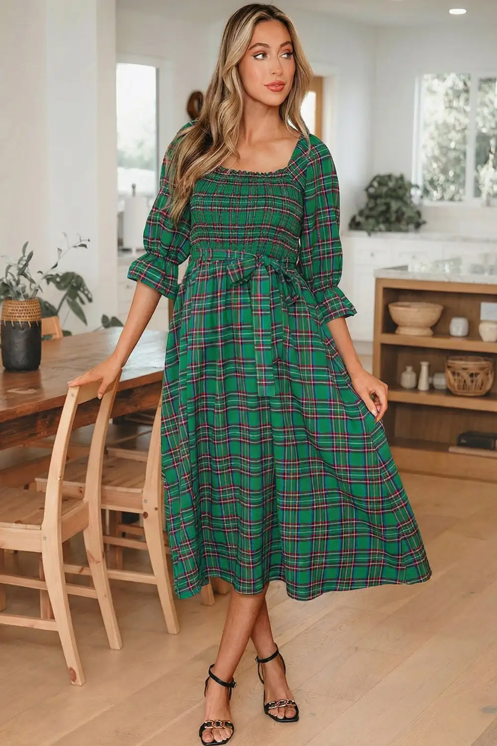 Finish Plaid Square Neck Puff Sleeve Midi Dress