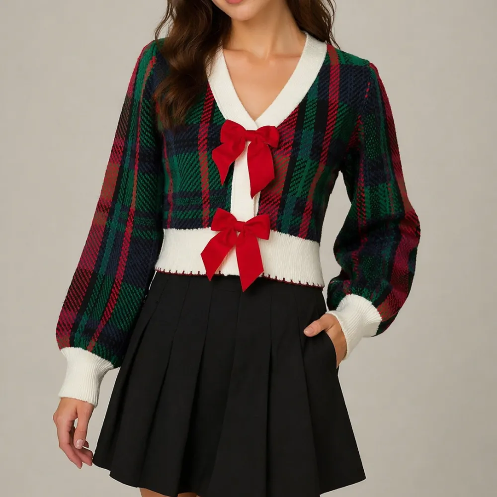 Ribbed Scalloped Edge Plaid Checkered Cardigan
