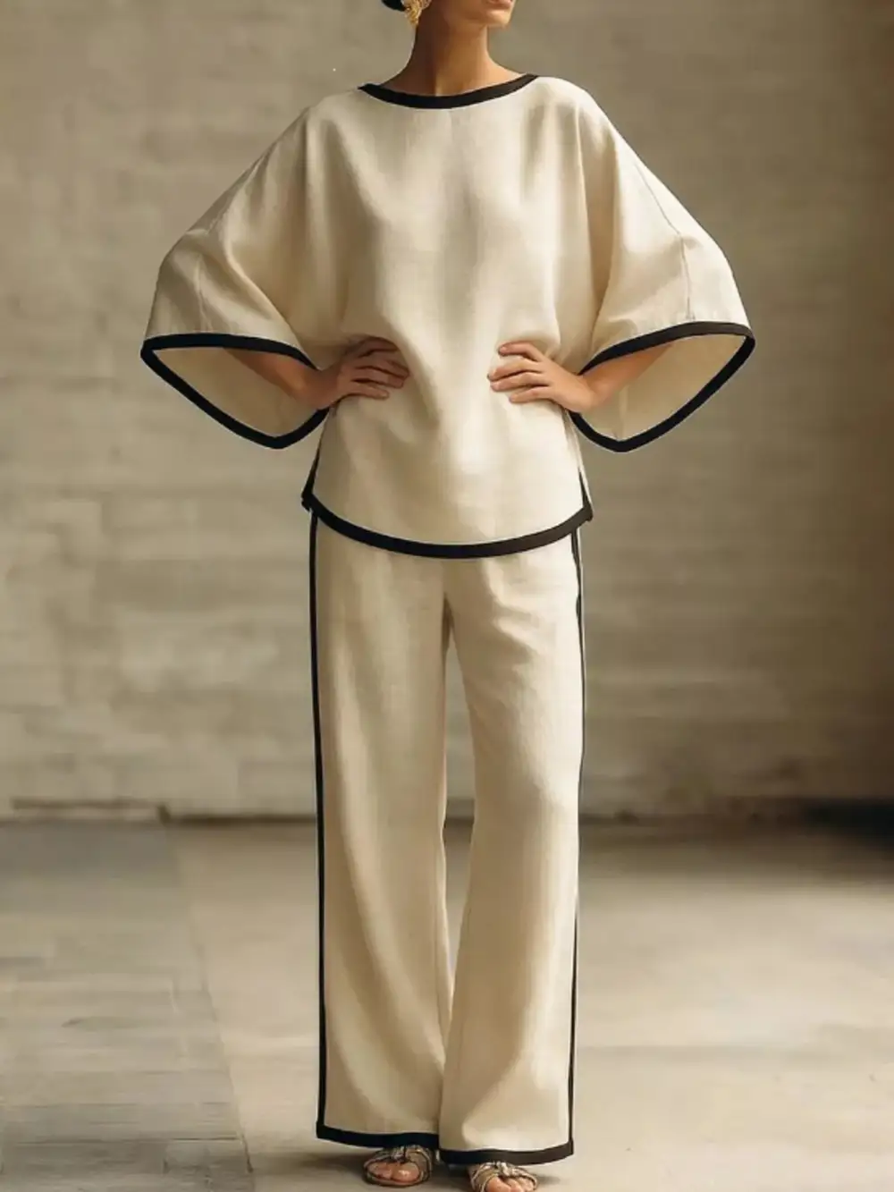 Full Size Contrast Trim Top and Wide Leg Pants