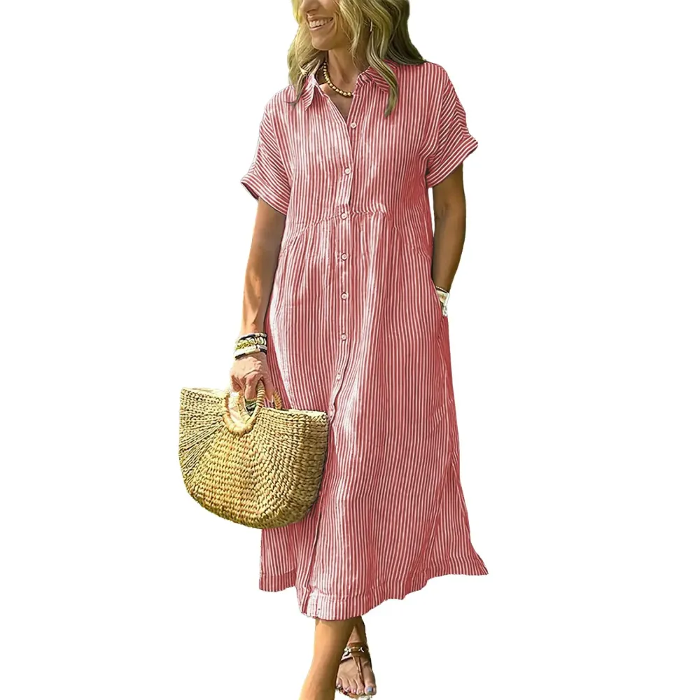 Women‘s Boho Striped Shirt Dress Button Down Loose Midi Dress with Pockets and Side Slit