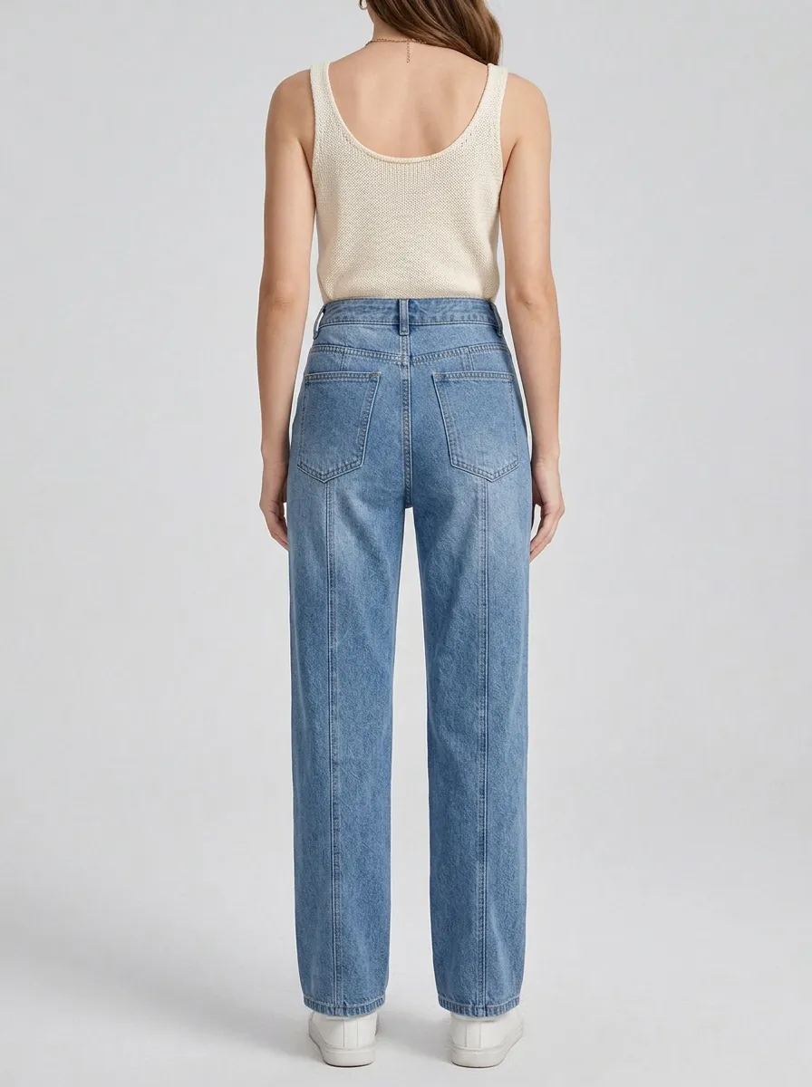Women's Casual High-Waisted Patch Pocket Straight Leg Denim Jeans