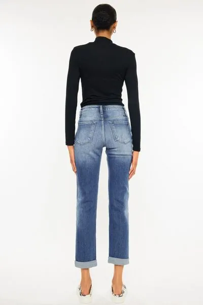 Versatile High Waist Straight Leg Distressed Denim Jeans