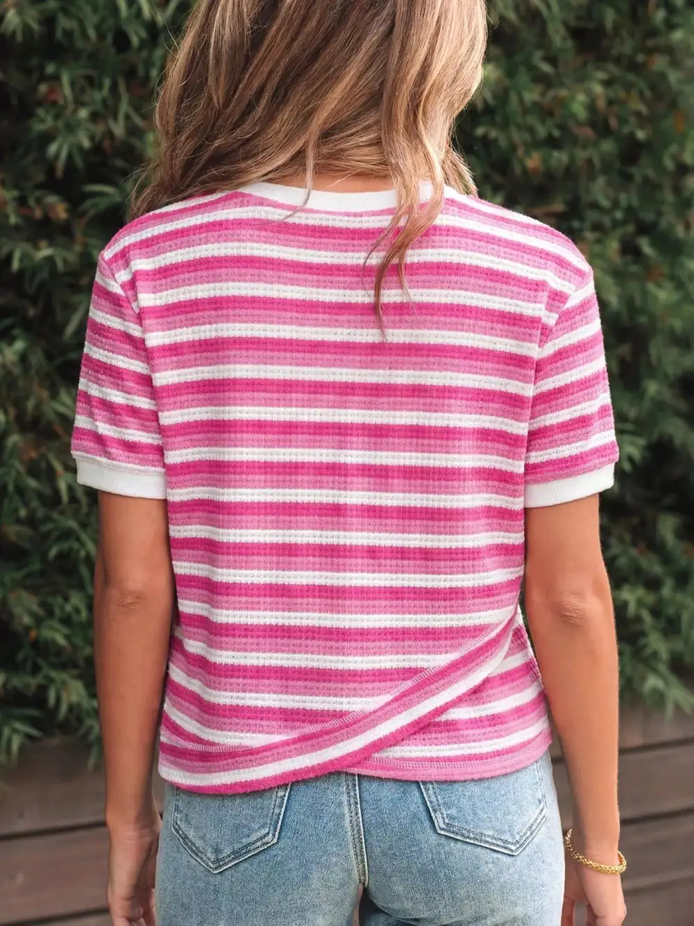 Textured Knit Short Sleeve Crossed Detail T-Shirt
