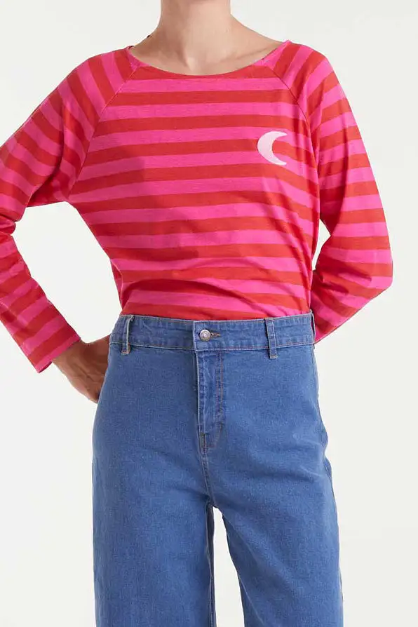 Striped Embroidered Long Sleeve Relaxed Tee