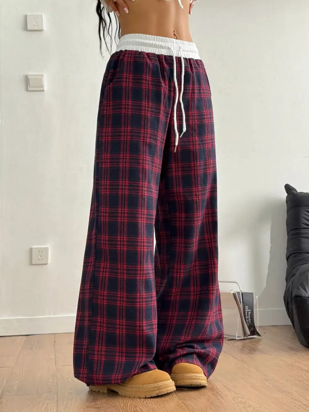 Wide Leg Elastic Waist Plaid Drawstring Pants