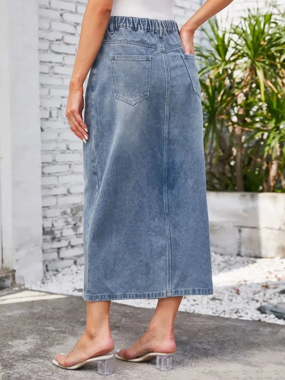Slit Midi Denim Skirt With Pockets