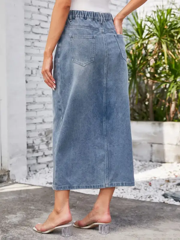 Slit Midi Denim Skirt With Pockets