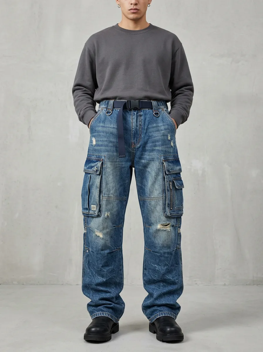 Men's Blue Washed Webbing Belt Straight-Leg Denim Cargo Pants