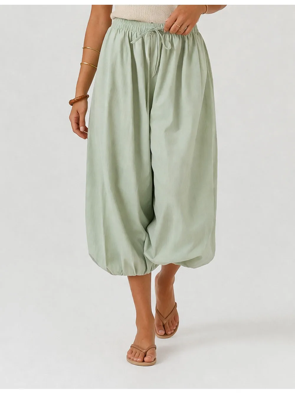 Solid Color Elastic Waist Drawstring Lantern Pants
