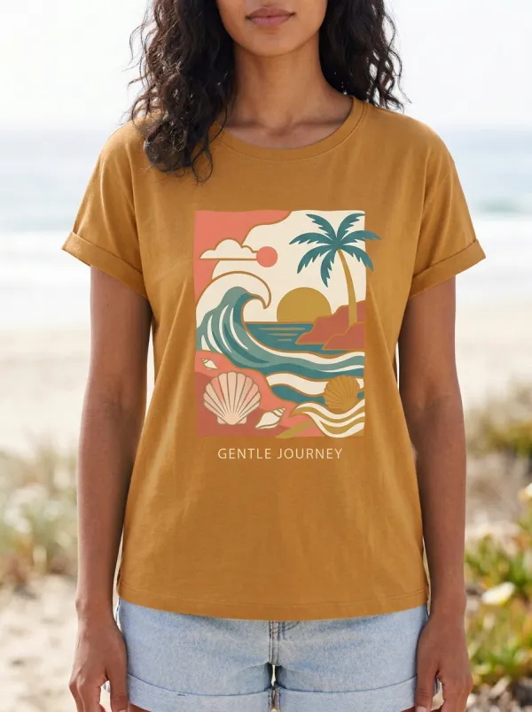Women's Beach Retro Ocean Palm Seashell Print T-Shirt