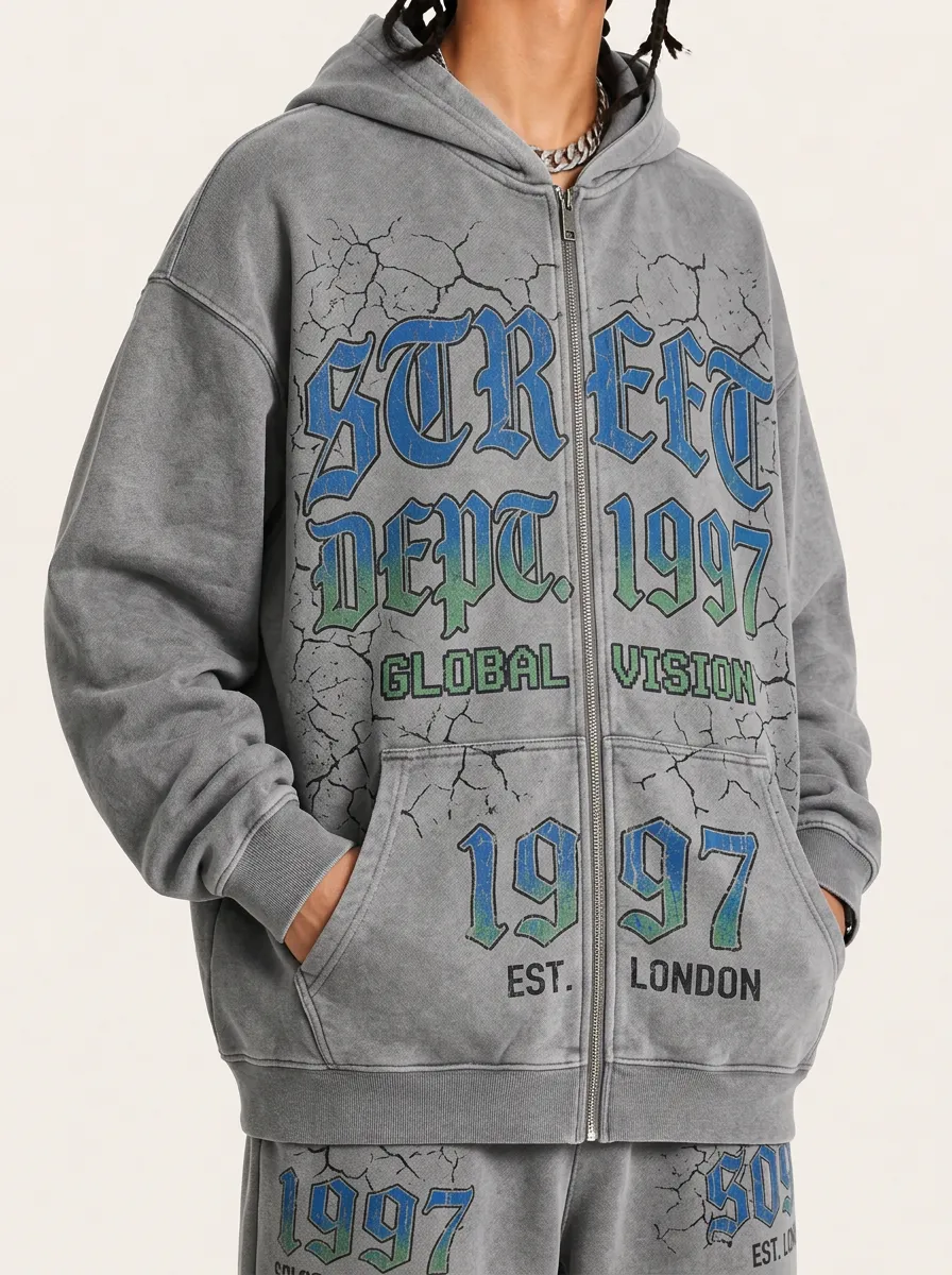 Men's Streetwear 1997 Global Vision Cracked Graphic Printed Zip-up Hoodie
