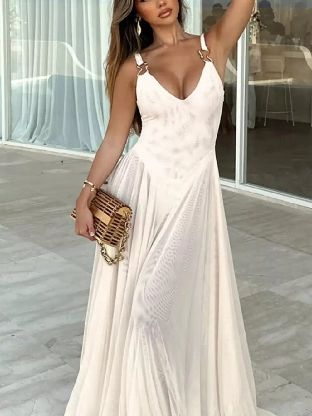 Sleeveless Sheer Maxi Dress with Hardware Detail
