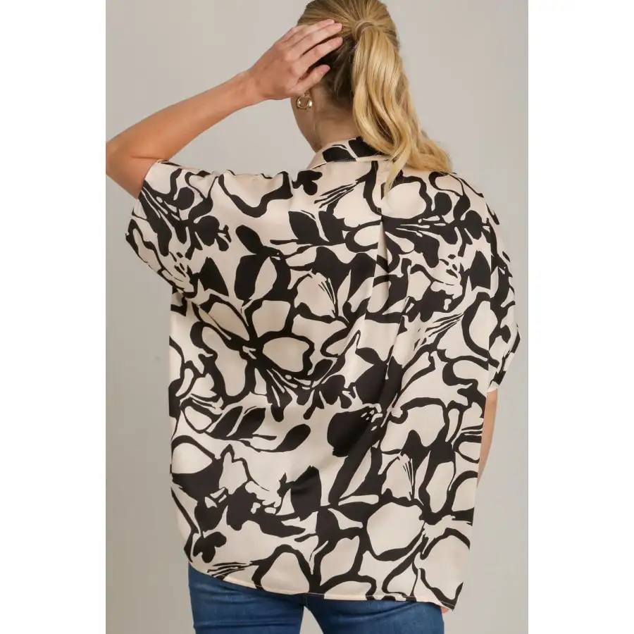 Full Size Two Tone Print Button Down Top with Hidden Plackets Plus Size