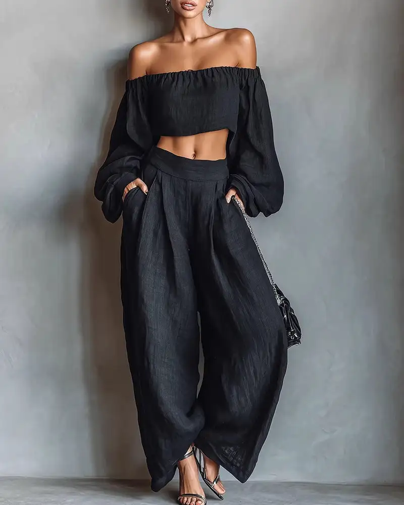 Off-Shoulder Crop Top and Wide Leg Pants Two-Piece Set