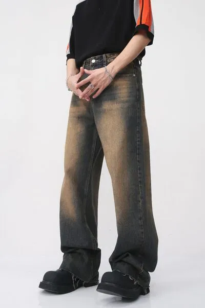 Refined Raw-Hem Washed Stretch Straight Leg Jeans