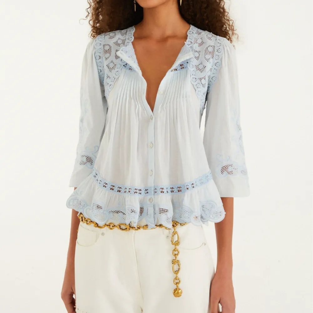 Lace-Trim Embroidered Eyelet Long-Sleeve Blouse