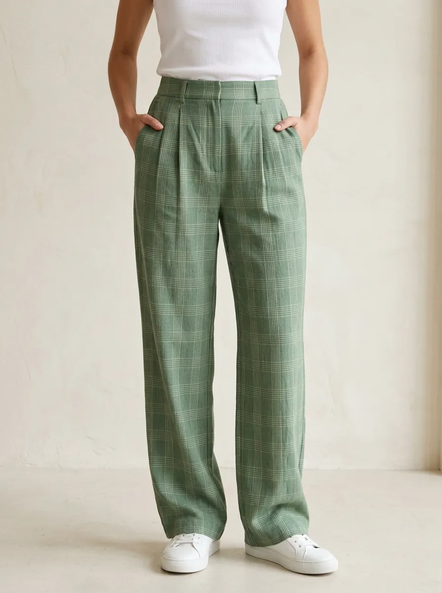 Women's Plaid Pattern Print High-Rise Waist Integrated Belt Loops Pants