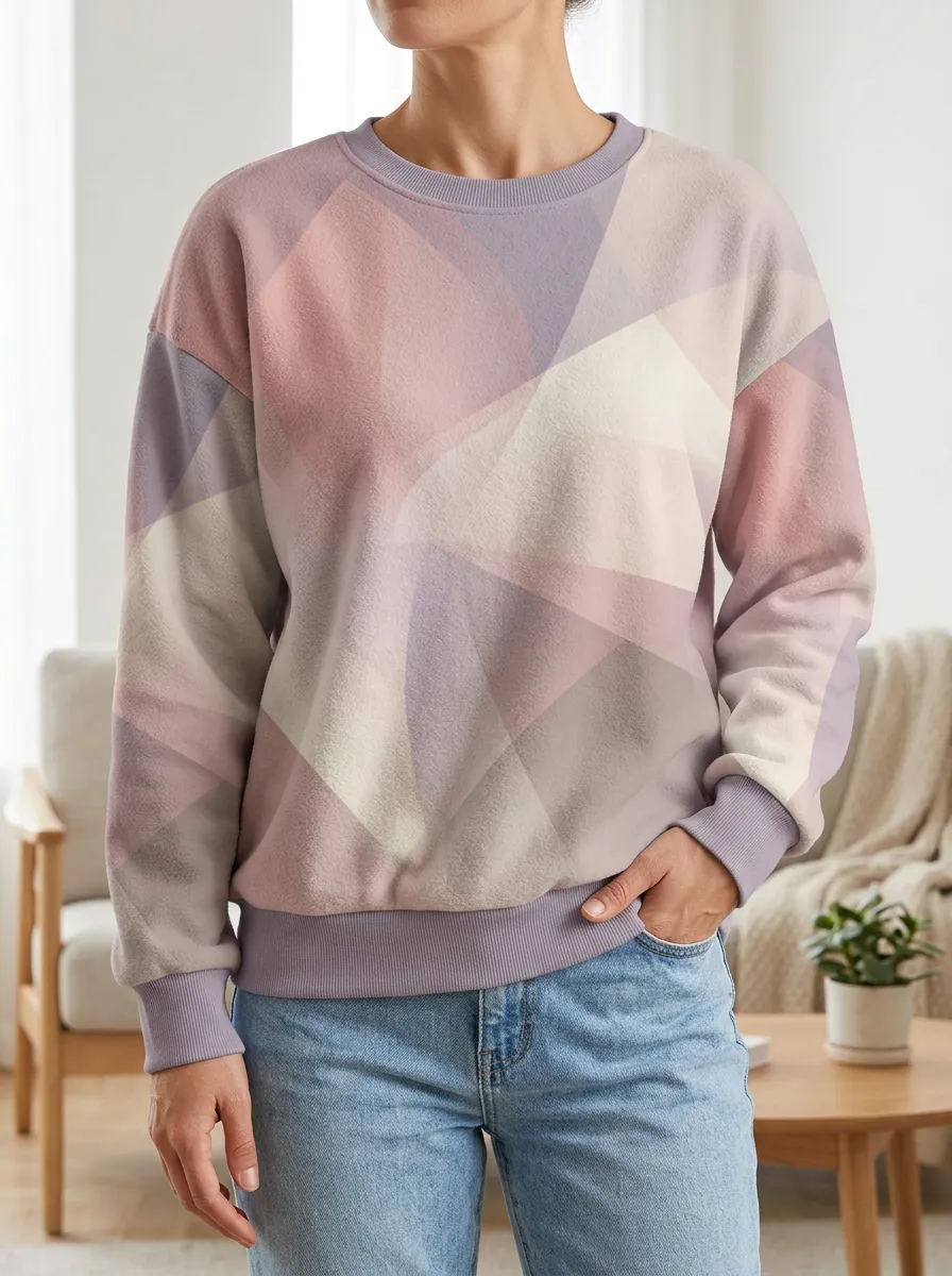 Women's Multicolor Geometric Print Crewneck Sweatshirt Ribbed hemline for a structured fit
