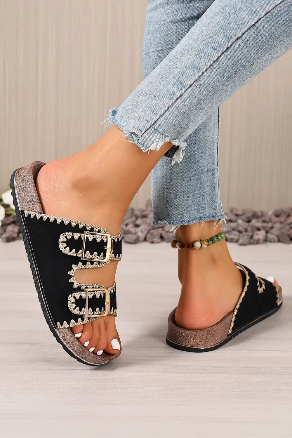 Embroidered Trim Buckle Flat Sandals