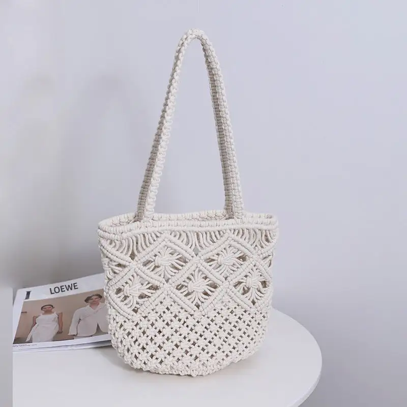 Handwoven Cotton Shoulder Bag Hollow Out Straw Tote Beach
