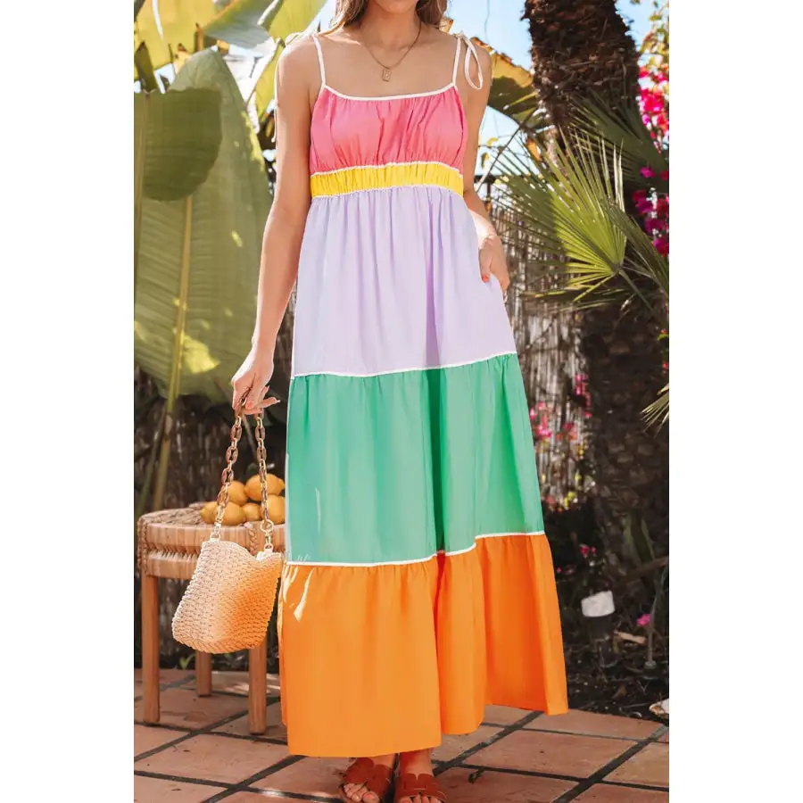Block Flowy Tiered Maxi Dress with Pockets