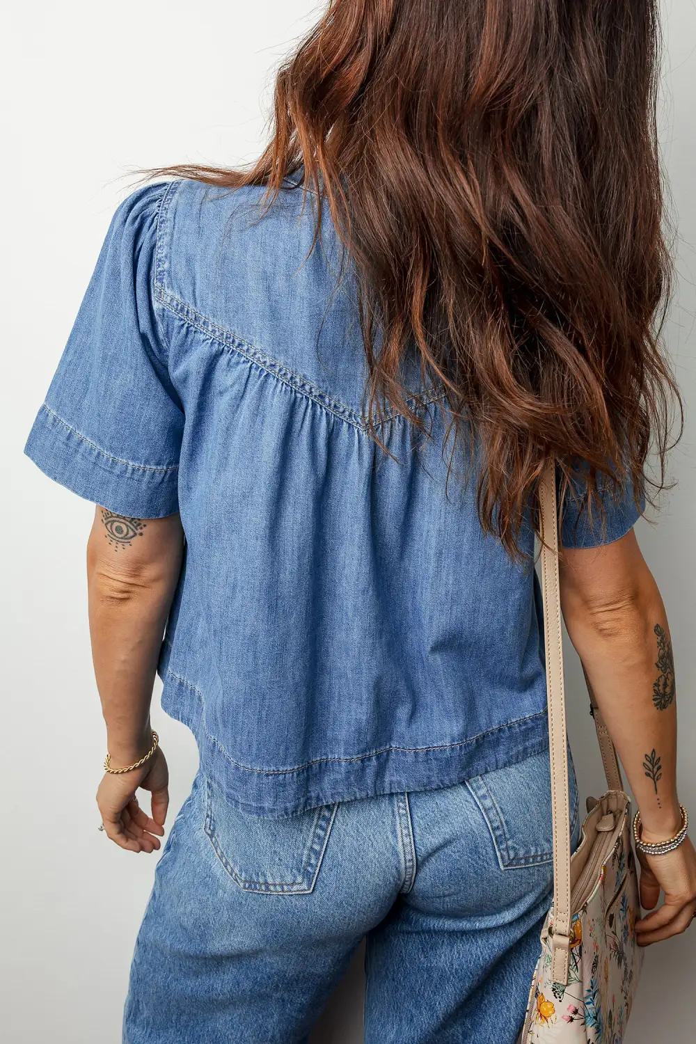 Pleated Button Front Short Sleeve Blouse