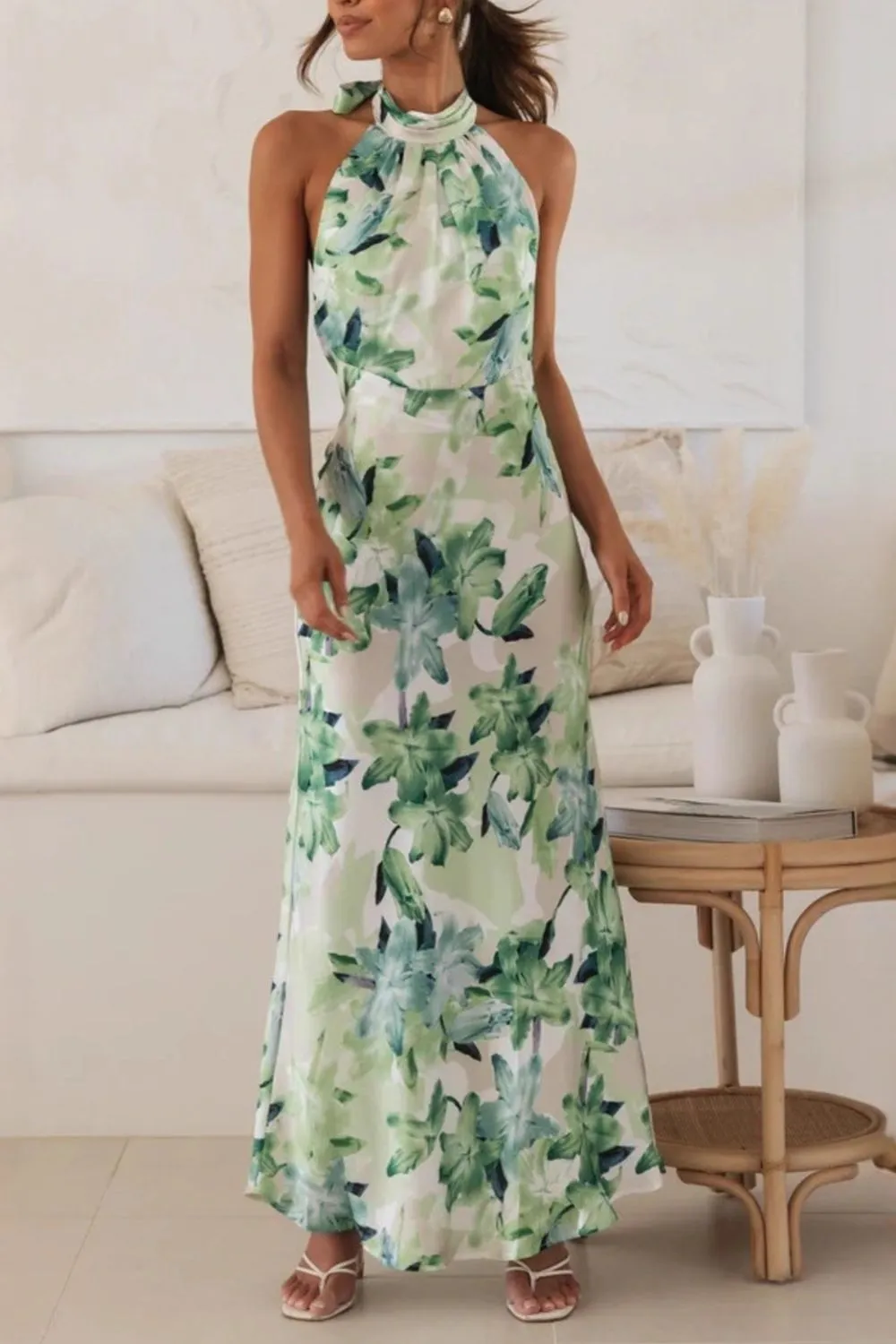 Soft Floral Print Halter Neck Maxi Dress
