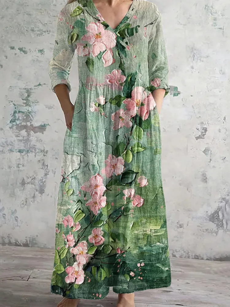Casual Pink Flower Print  Long Sleeves Dress