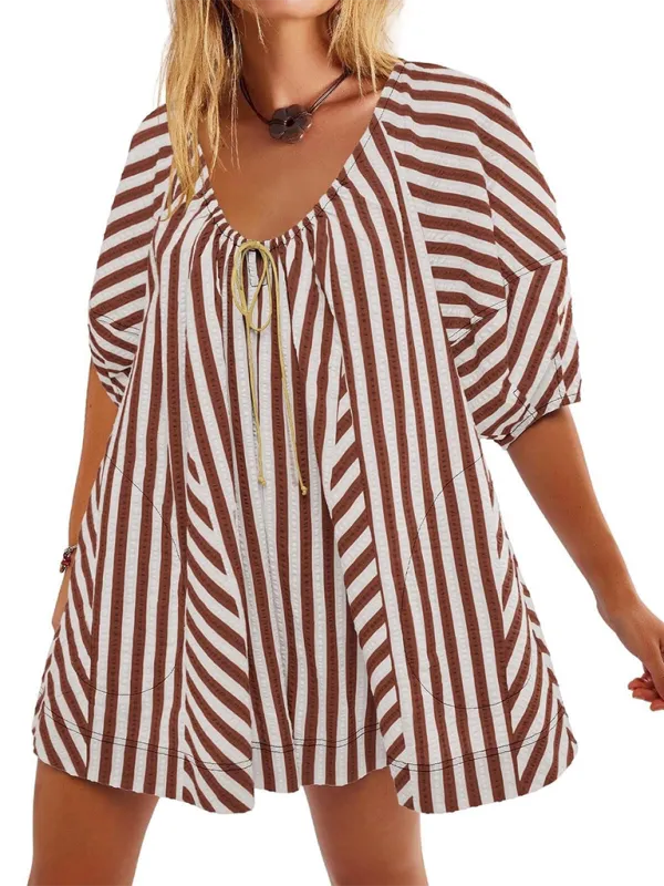 Short Sleeved Striped Jumpsuit Slim Loose Shorts