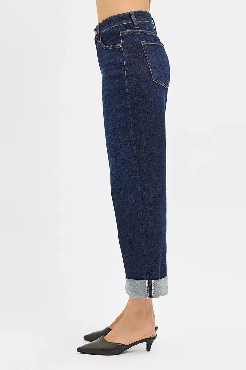 Mid Rise Cuffed Hem Wide Leg Jeans