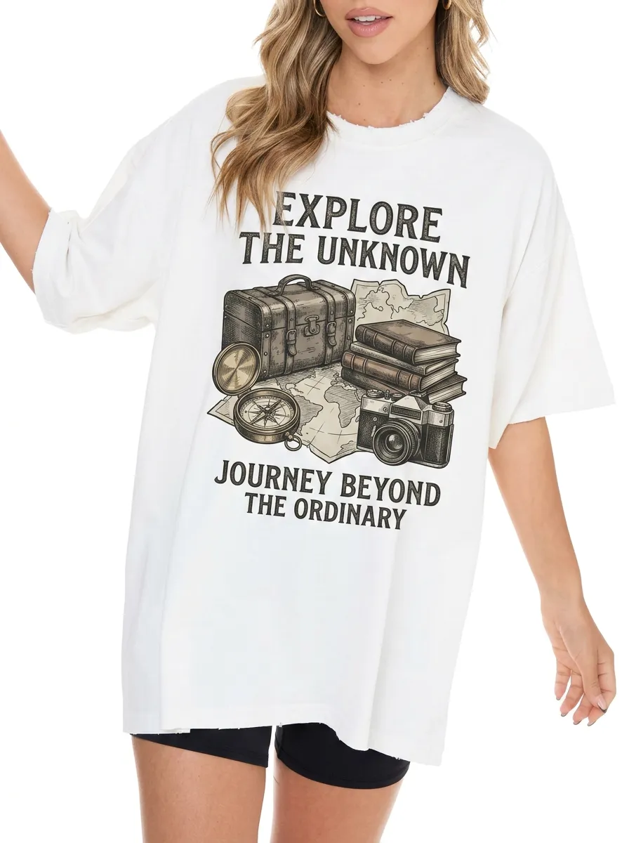 Women's Travel Lover Map Compass Camera Printed T-shirt