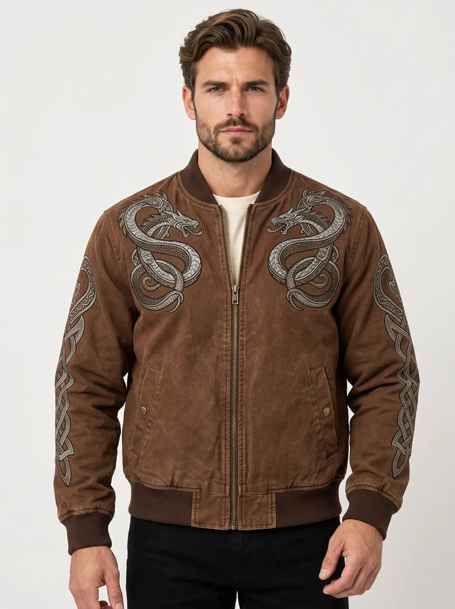 Men's Dragon Embroidered Bomber Jacket